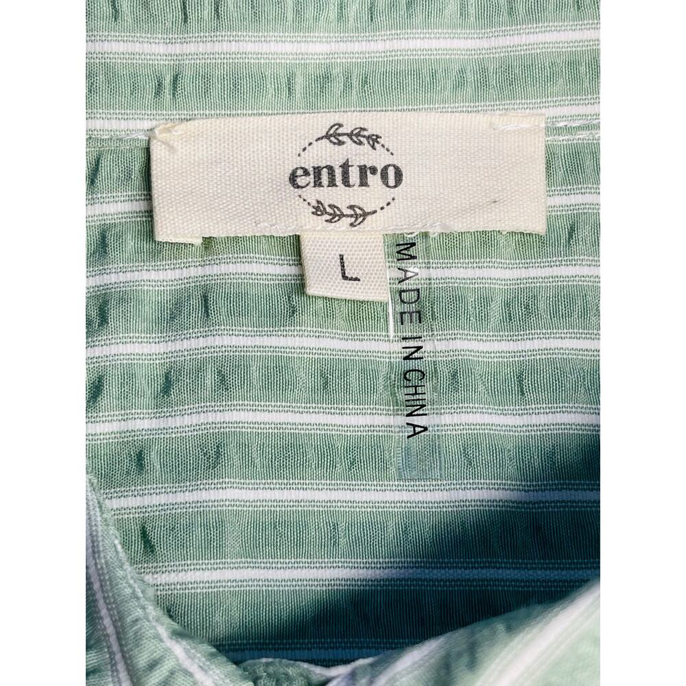 Entro sage green striped blouse L scalloped collar button front cotton blend - Picture 5 of 15